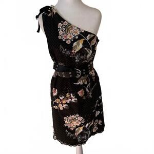 Anthropologie Maeve one shoulder dress black floral beading size medium